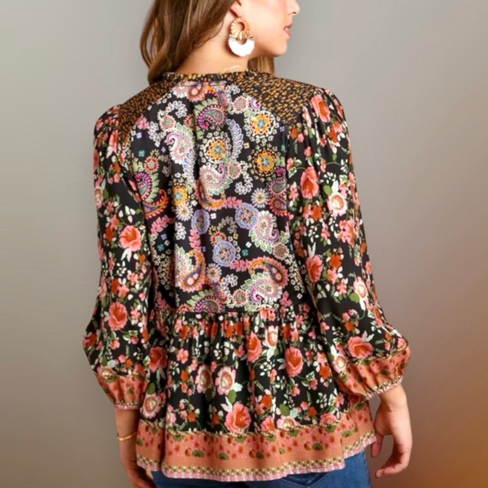 🌸Floral Paisley Boho Blouse w/Tie. Black/Rose/Gold/Blue/Multi. Medium - Picture 3 of 13
